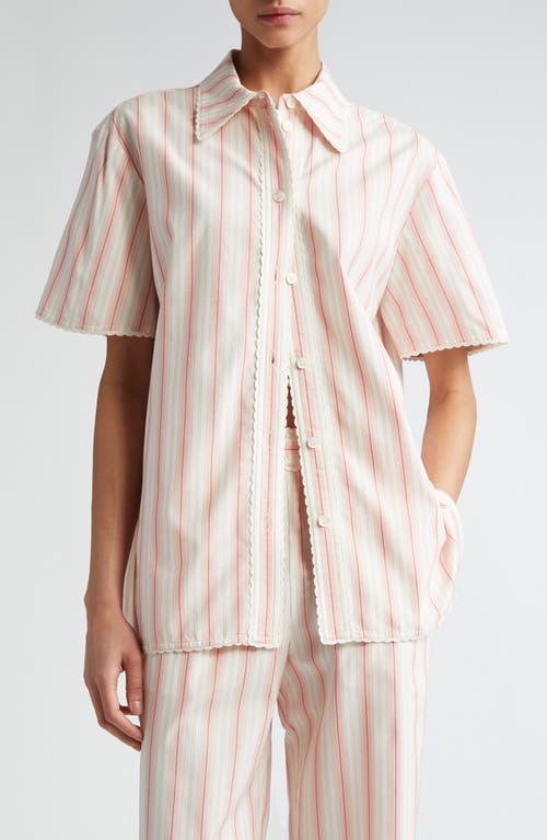 Stripe Lace Trim Button-Up Shirt in Pink Stripe