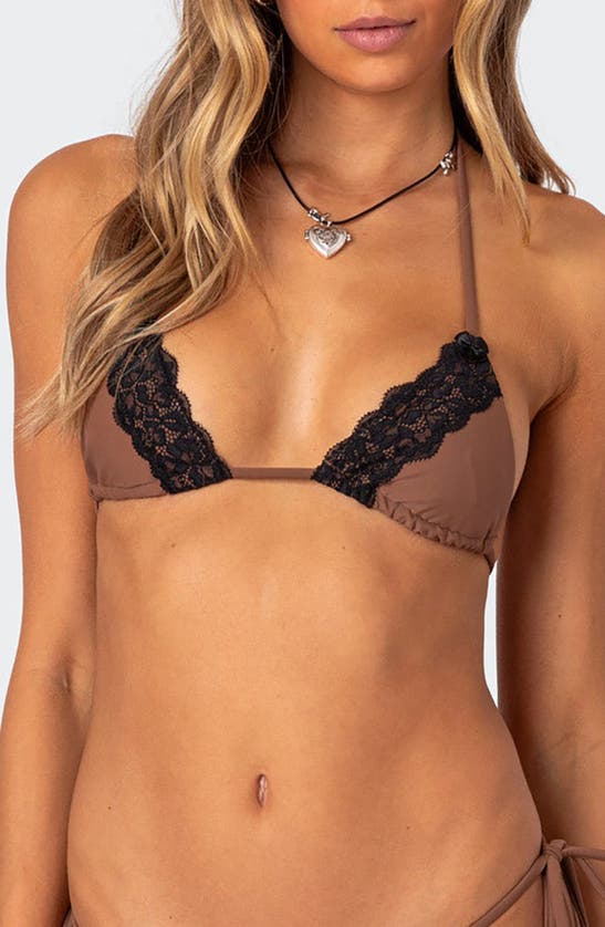 Shop Edikted Cassey Lace Trim Triangle Bikini Top In Brown