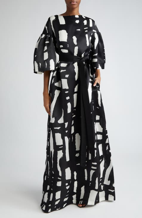 Rubiera Abstract Print Belted Silk Satin Gown