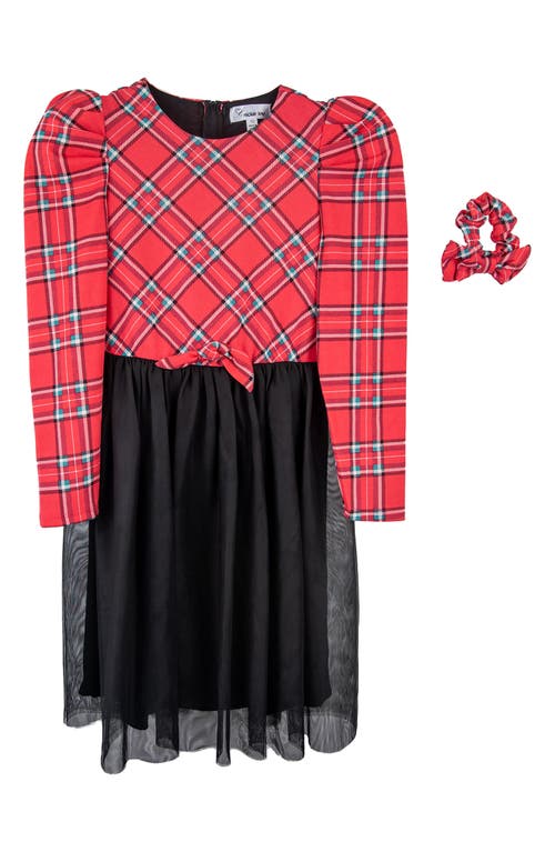 LNL Kids' Plaid Long Sleeve Tulle Dress & Scrunchie in Red-Black