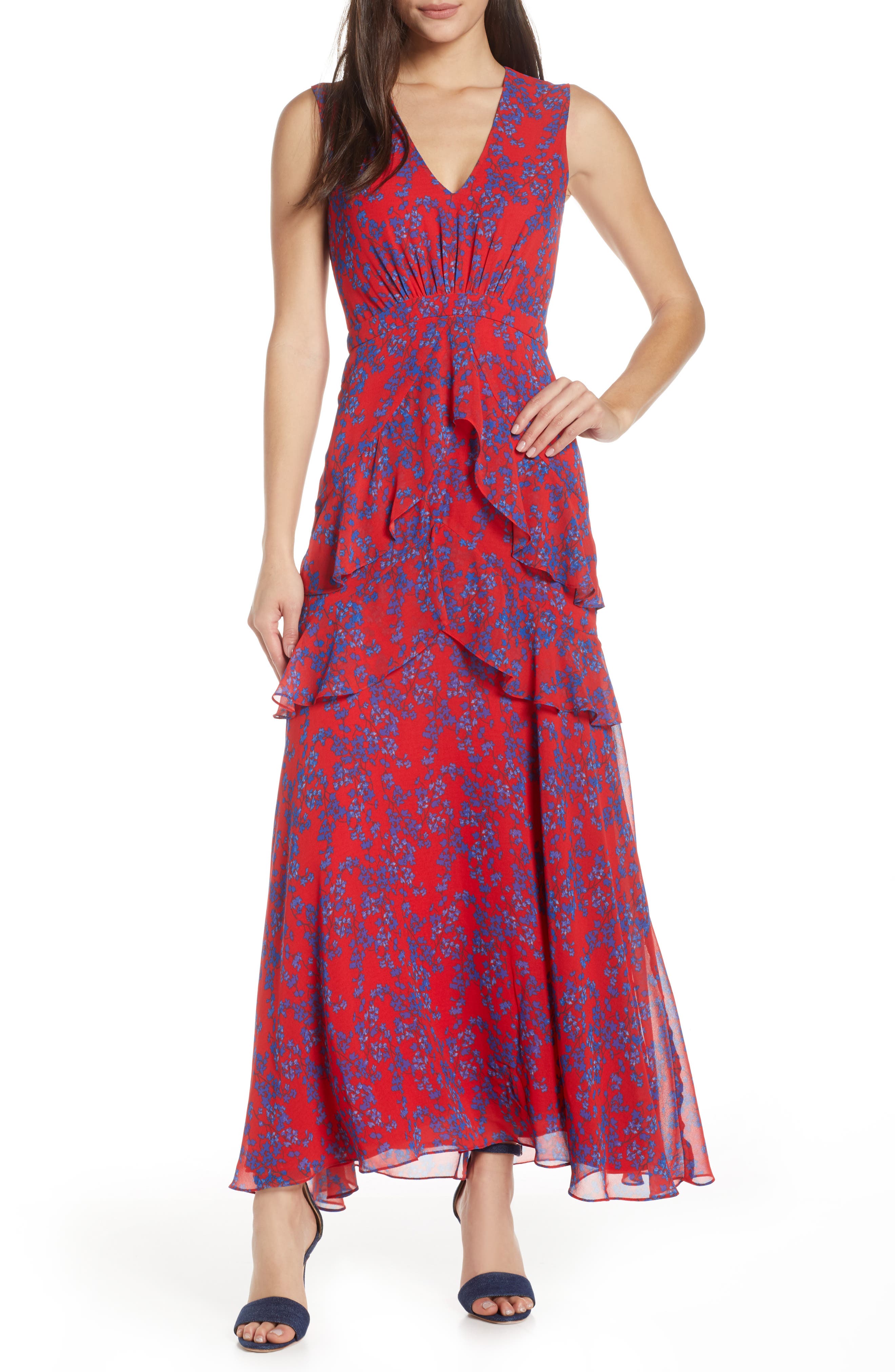 Petite Charles Henry Floral Tiered A-Line Maxi Dress, Red