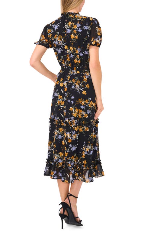 Shop Cece Floral Ruffle Smocked Midi Dress In Rich Black