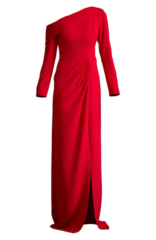 Shop Tadashi Shoji Pleated One-shoulder Long Sleeve Crepe Gown In Flame