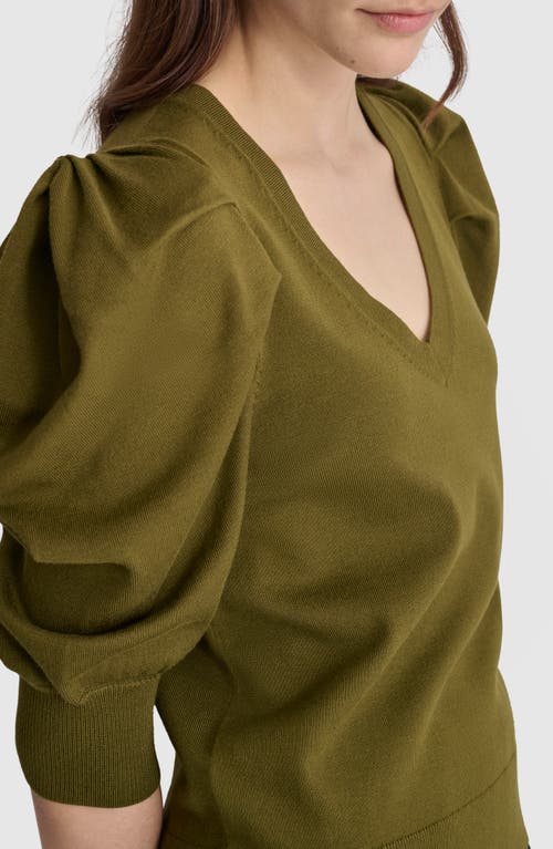 Shop Dkny Puff Sleeve V-neck Sweater In Dark Olive