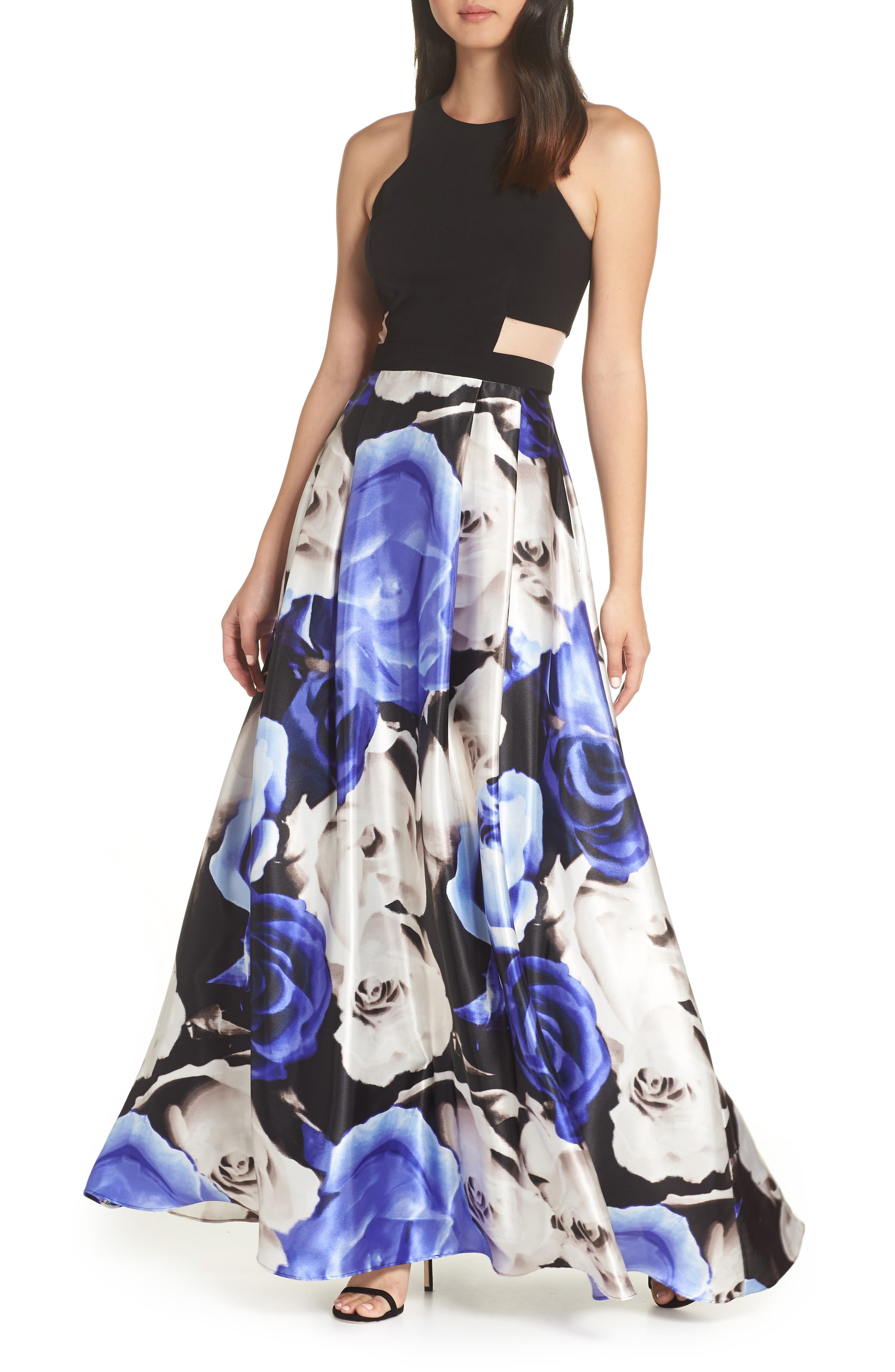 Blondie Nites Mesh Inset Bodice Ballgown, Blue