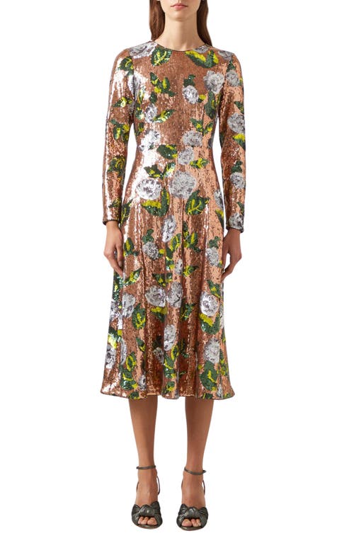 LK Bennett Marcel Floral Sequin Long Sleeve Midi Dress in Rose Multi 