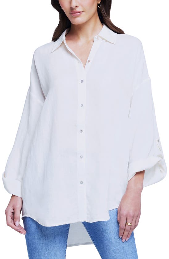 L AGENCE HARBOR OVERSIZE TAB SLEEVE LINEN BLEND BUTTON-UP SHIRT