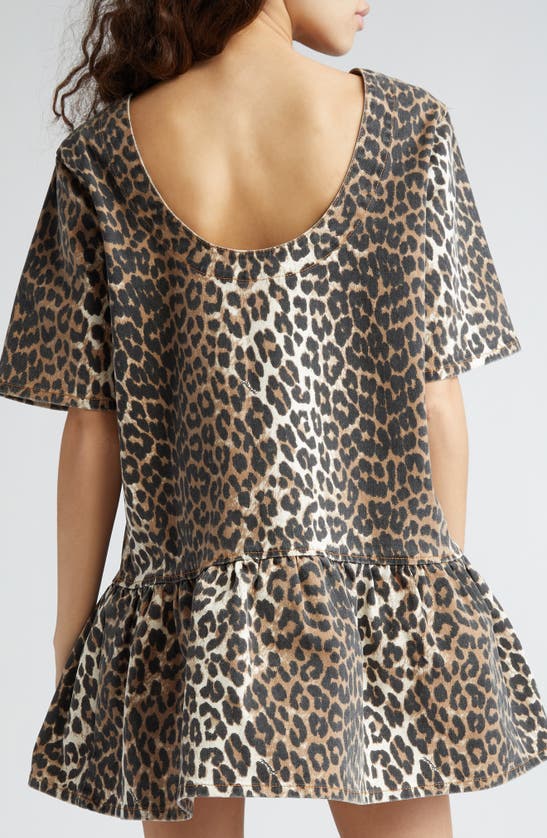 Shop Ganni Leopard Print Open Back Organic Cotton Stretch Twill Minidress