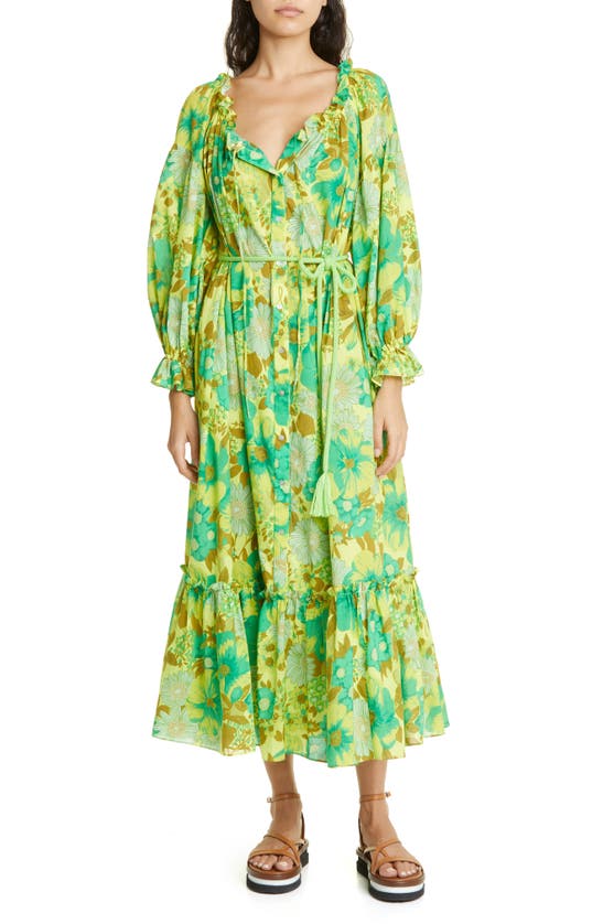 Alemais Wrenly Long Sleeve Tie Waist Organic Cotton Voile Dress In Lime