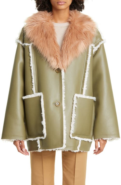 Stand Studio Angelina Faux Leather Jacket with Faux Shearling Trim in Light Army Green/Nougat