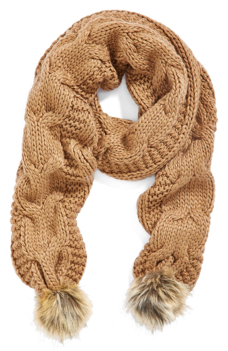 Topshop Cable Knit Scarf with Faux Fur Poms | Nordstrom