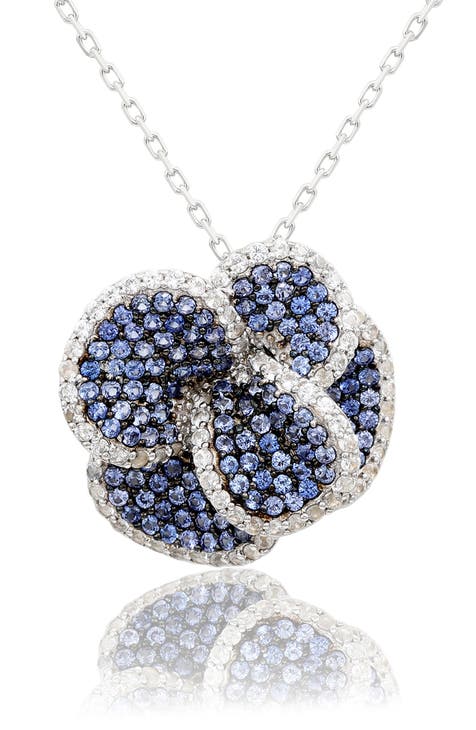 Sterling Silver Sapphire Pavé & Diamond Accent Flower Pendant Necklace