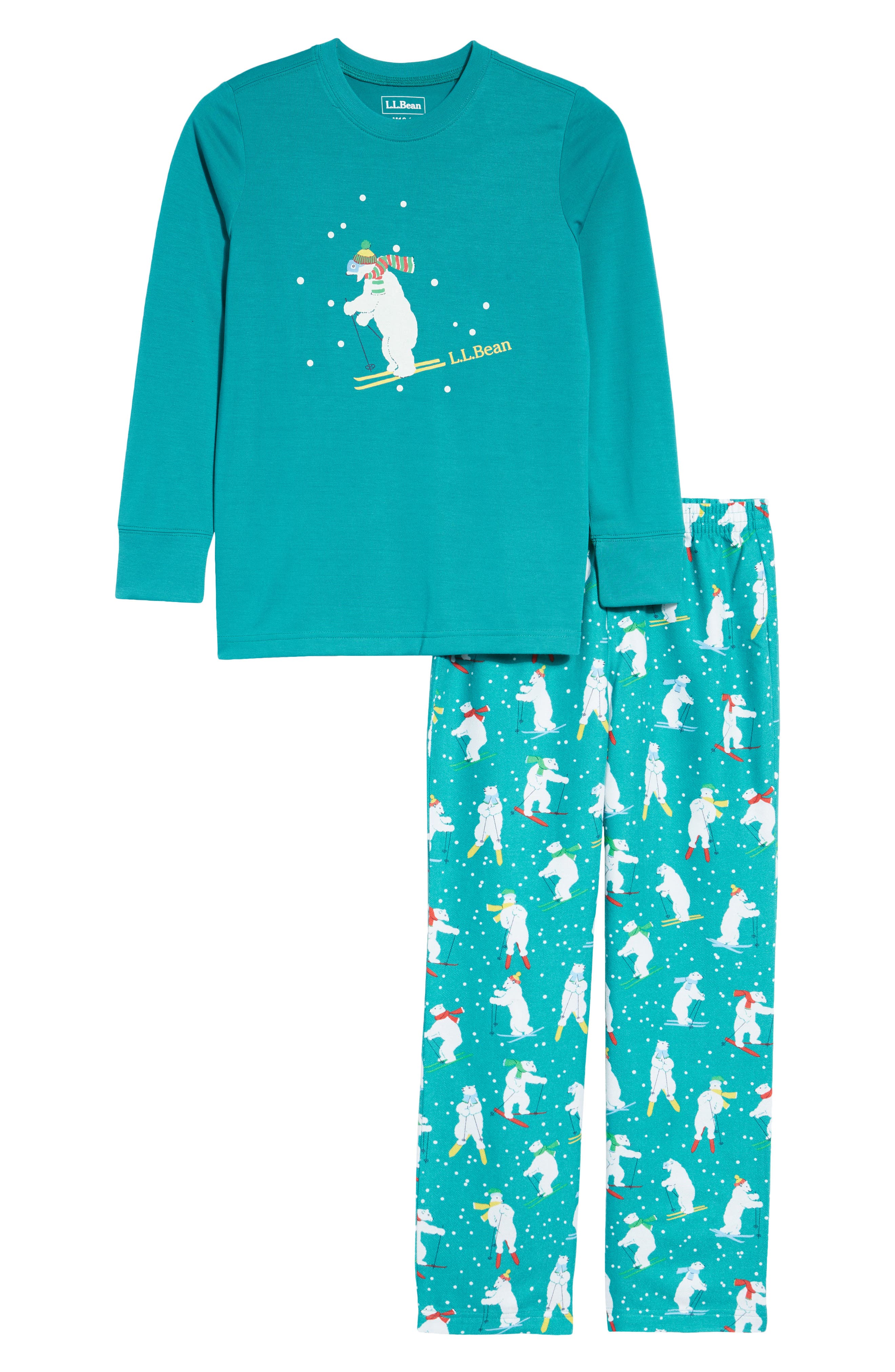 L.L.Bean Kids Flannel Pajamas in Marina Teal Skiing Bear Smart