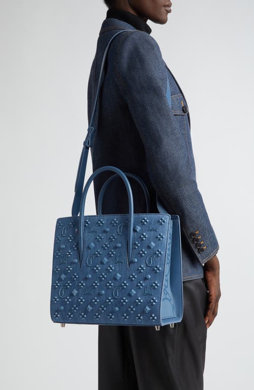 Shop Christian Louboutin Medium Paloma Loubinthesky Denim Top Handle Tote In 4229 Blue/lac