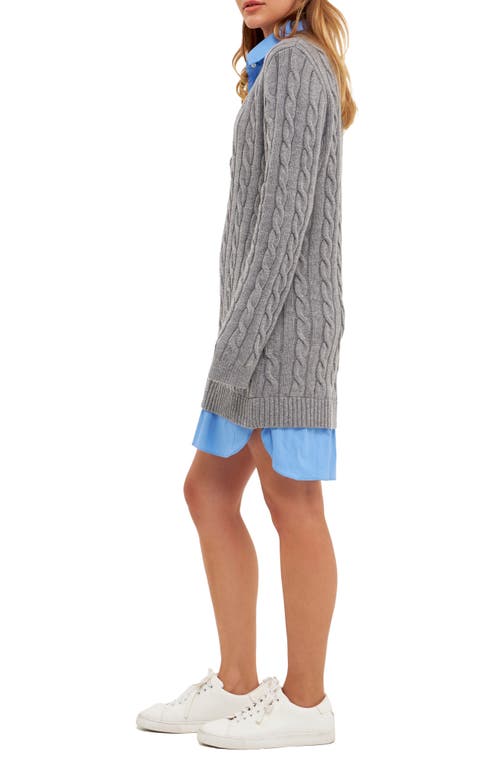 English Factory Mixed Media Cable Stitch Long Sleeve Sweater Dress In Grey/oxford Blue