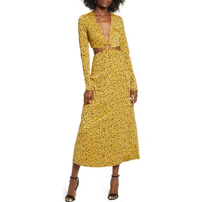 Afrm Lola Leopard Print Cutout Detail Long Sleeve Midi Dress, Yellow