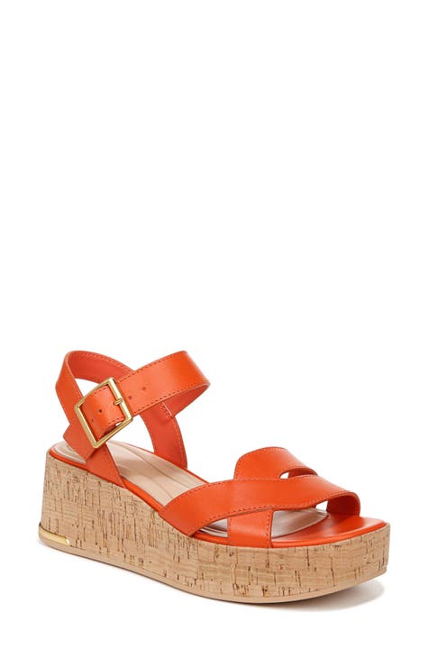 Orange floral crossed wedge sandals