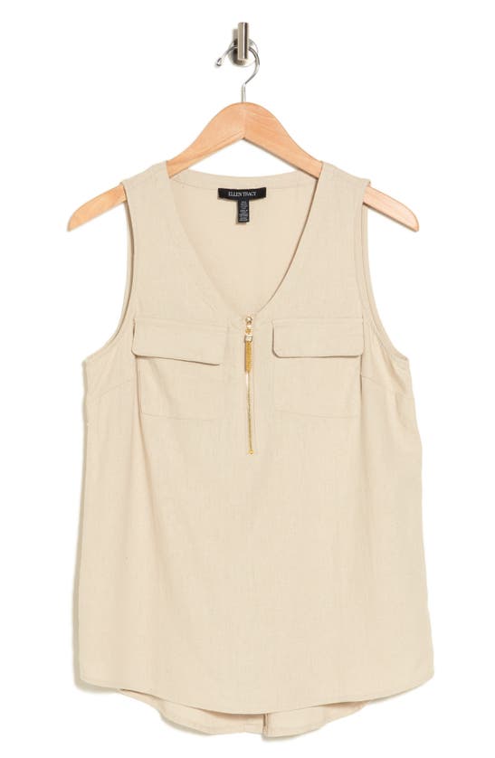 Ellen Tracy Sleeveless Zipper Detail Top In Linen
