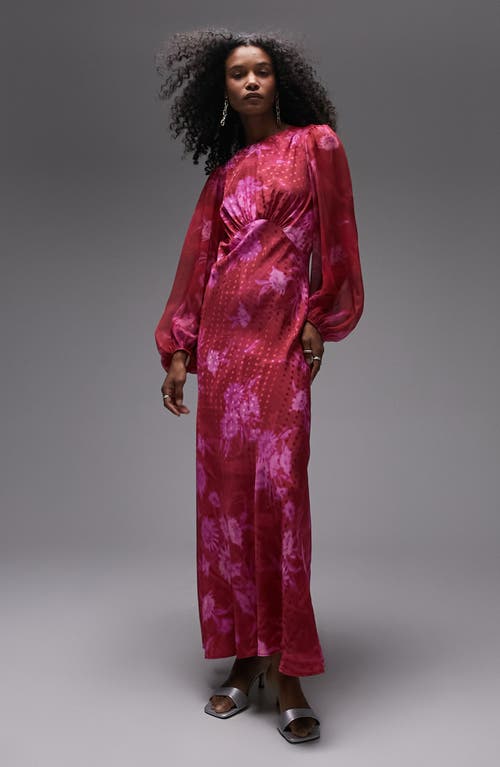 Topshop Floral Jacquard Dot Long Sleeve Dress in Pink at Nordstrom, Size 4 Us