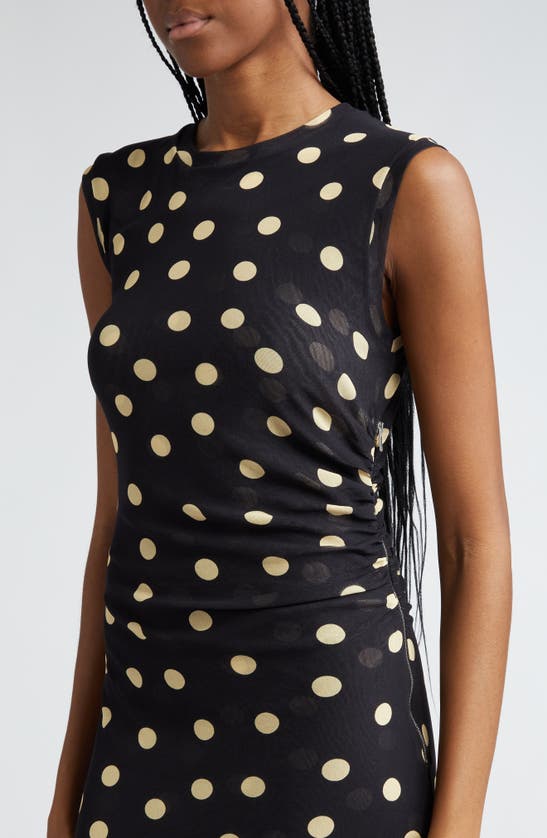 Shop Stella Mccartney Polka Dot Ruched Semisheer Mesh Maxi Dress In Black Multi