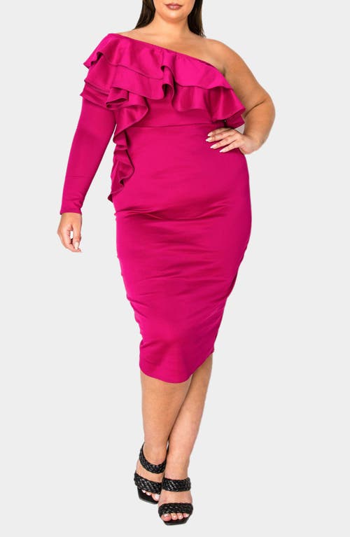 Shop L I V D Val Ruffle One-shoulder Midi Dress In Magenta