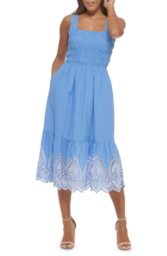Kensie Smocked Cotton Voile Midi Dress In Chambray Blue