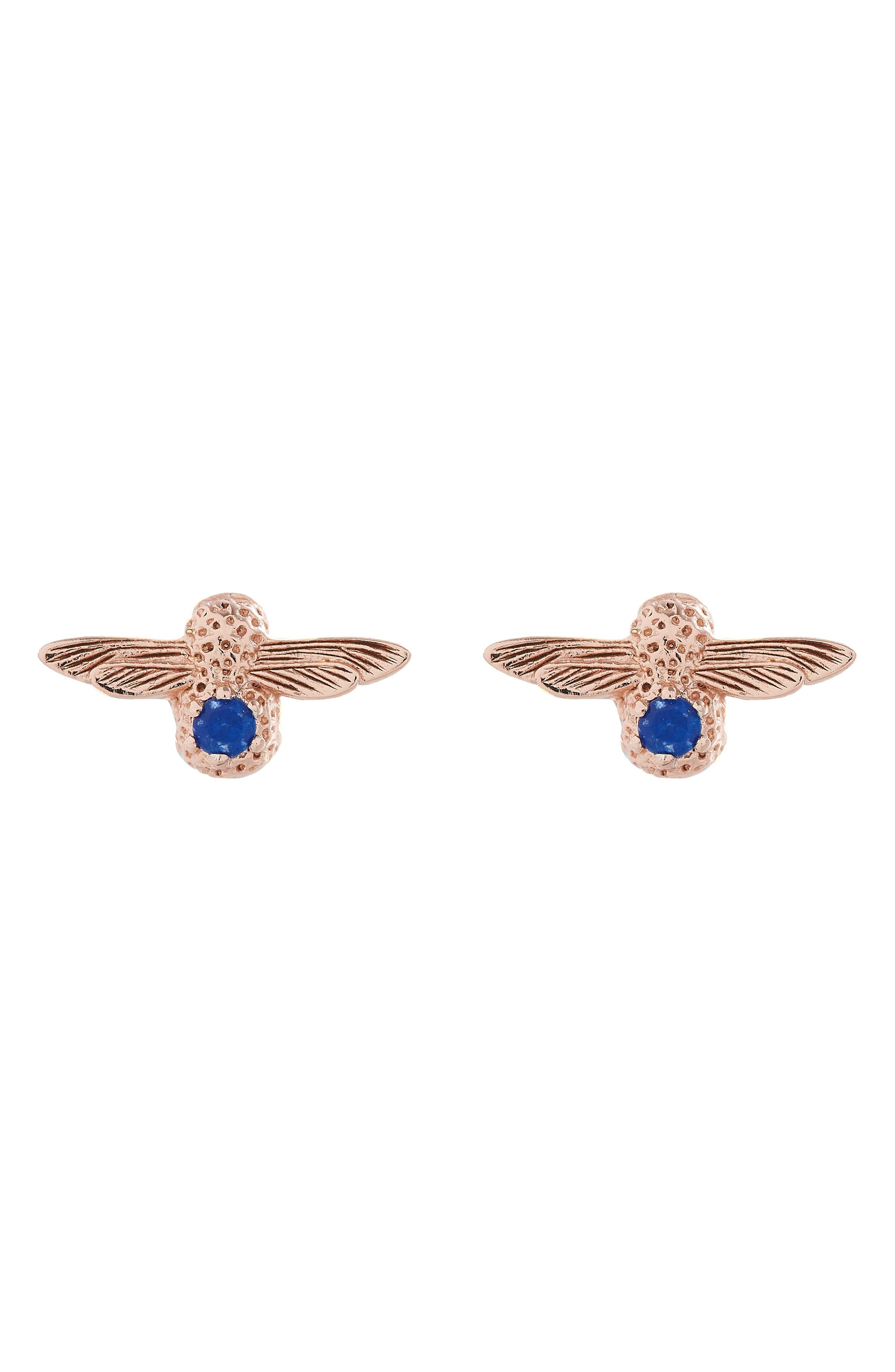 Olivia Burton Rose Gold Plated Lazuli Lapis Embellished Bee Stud Earrings In Rose Gold / Lapis Lazuli