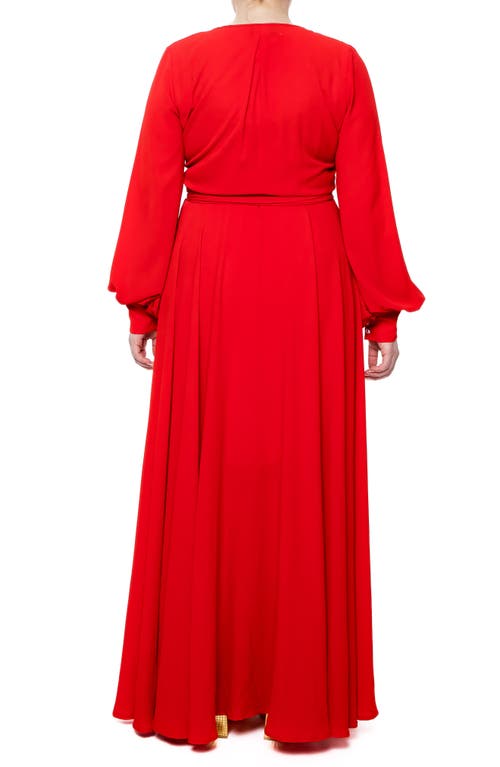 Meghan La Long Sleeve Solid Wrap Maxi Dress In Cherry
