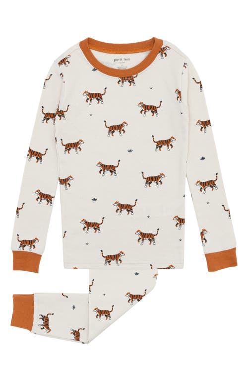 Petit Lem Kids' Tiger Print Fitted Organic Cotton Two-Piece Pajamas in 102 Beige
