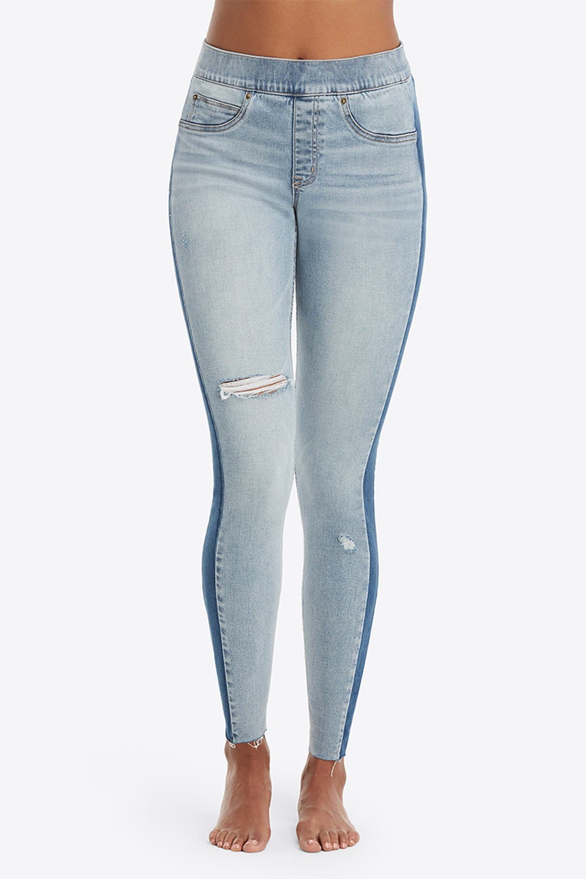 spanx distressed skinny jeans with side stripe