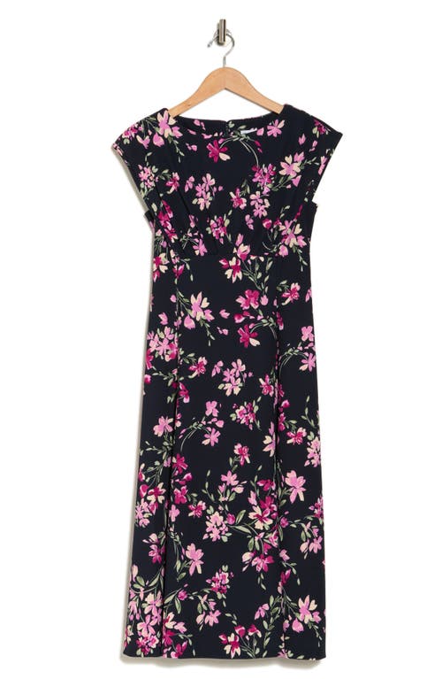 Shop Calvin Klein Floral Cap Sleeve Empire Waist Midi Dress In Indigo/fuchsia Multi