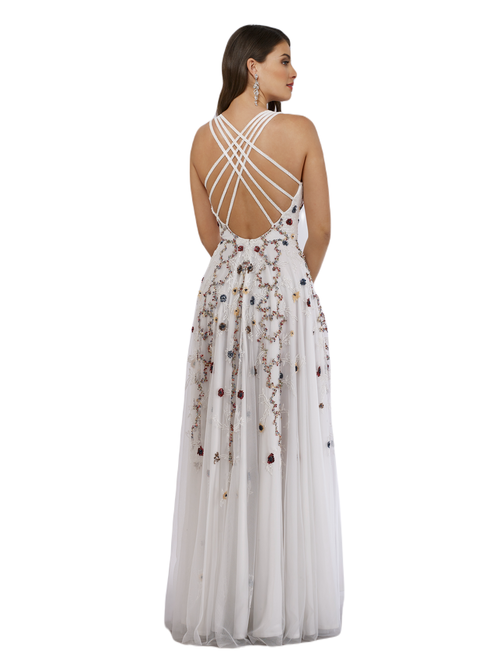 Shop Lara New York Beaded Dress With Open Cross Back And Flowy Skirt In Multi