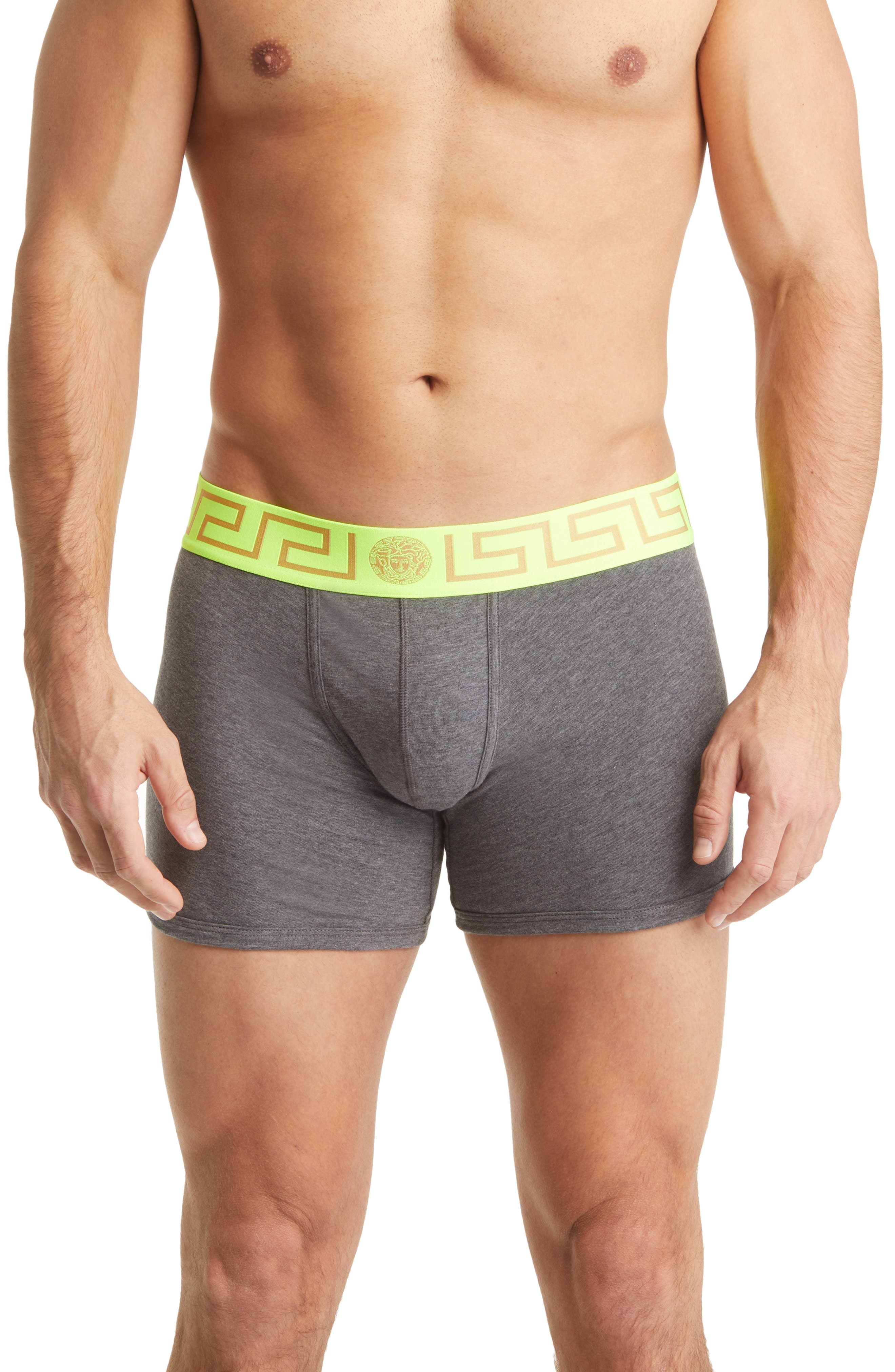 Versace Long Stretch Cotton Trunks in Fluo Yellow/Grey