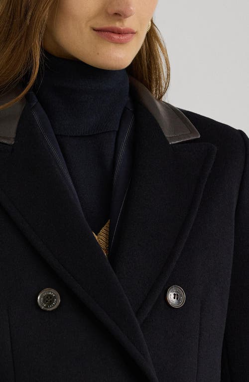 Ralph Lauren Lauren  Faux Leather Trim Double Breasted Wool Blend Reefer Coat In Regal Navy