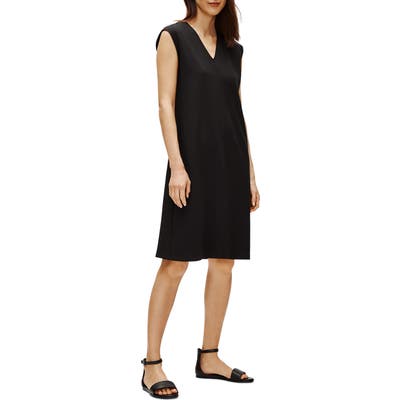Petite Eileen Fisher V-Neck Sleeveless A-Line Dress, Black