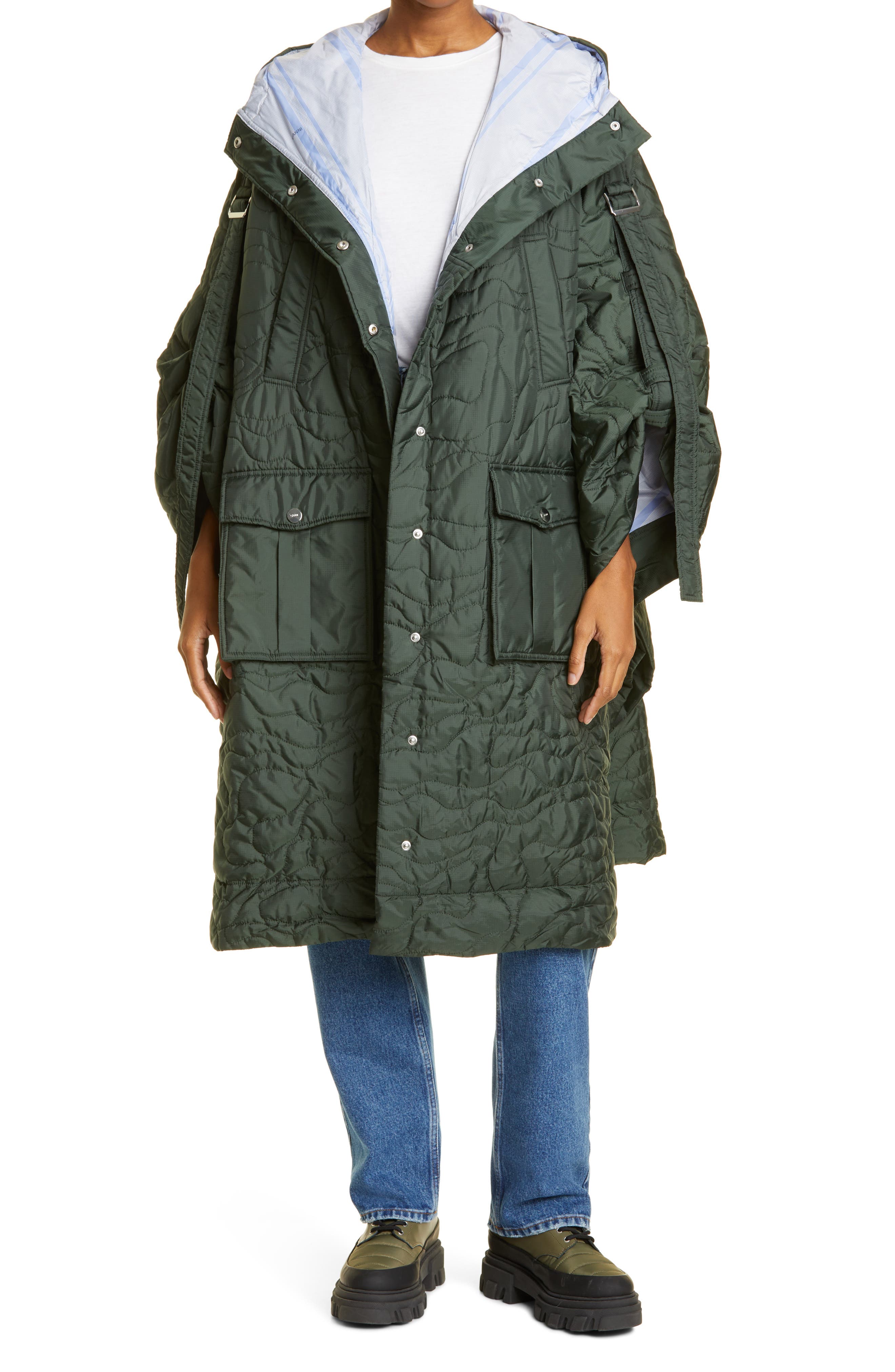 Ganni Quilted Recycled Polyester Cape Coat in Dark Green at Nordstrom, Size Small