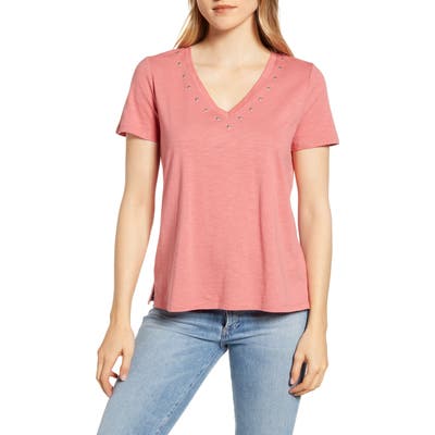 Vince Camuto Studded V-Neck Cotton Blend T-Shirt, Coral