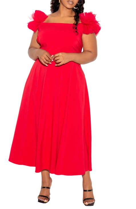 Off the Shoulder Tulle Sleeve A-Line Dress (Plus Size)