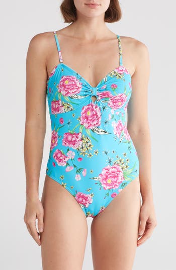 Betsey Johnson Bow Keyhole One-piece Swimsuit In Blue