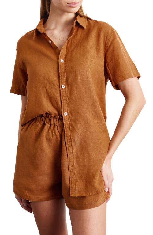 Short Sleeve Linen Button-Up Shirt in Rust