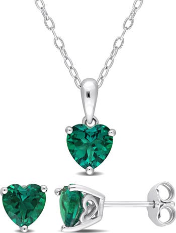 Heart Cut Lab Created Emerald Pendant Necklace Stud Earrings