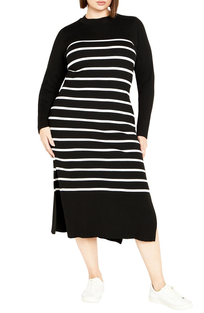 City Chic Maddie Stripe Long Sleeve Rib Dress, Alternate, color, Black/ White Stripe