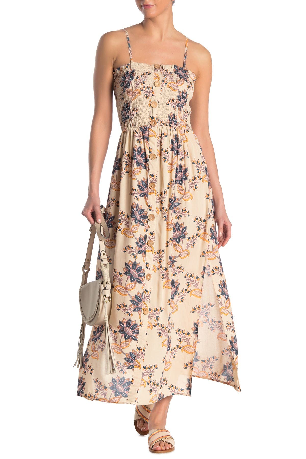 smocked bodice maxi dress