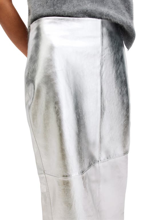 Shop Allsaints Renai Metallic Leather Midi Skirt In Silver