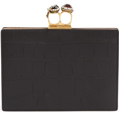 Alexander Mcqueen Croc Embossed Calfskin Leather Double Ring Clutch - Black