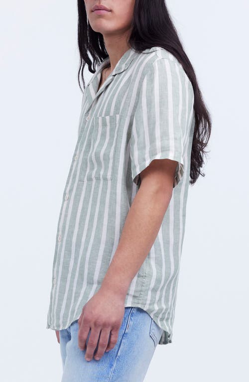 Madewell Short Sleeve Linen Stripe Woven Aloe Green Stripe In Dried Aloe