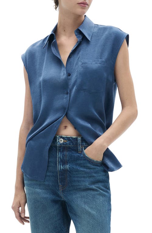 Shop Mango Hammered Satin Cap Sleeve Button-up Shirt In Blue