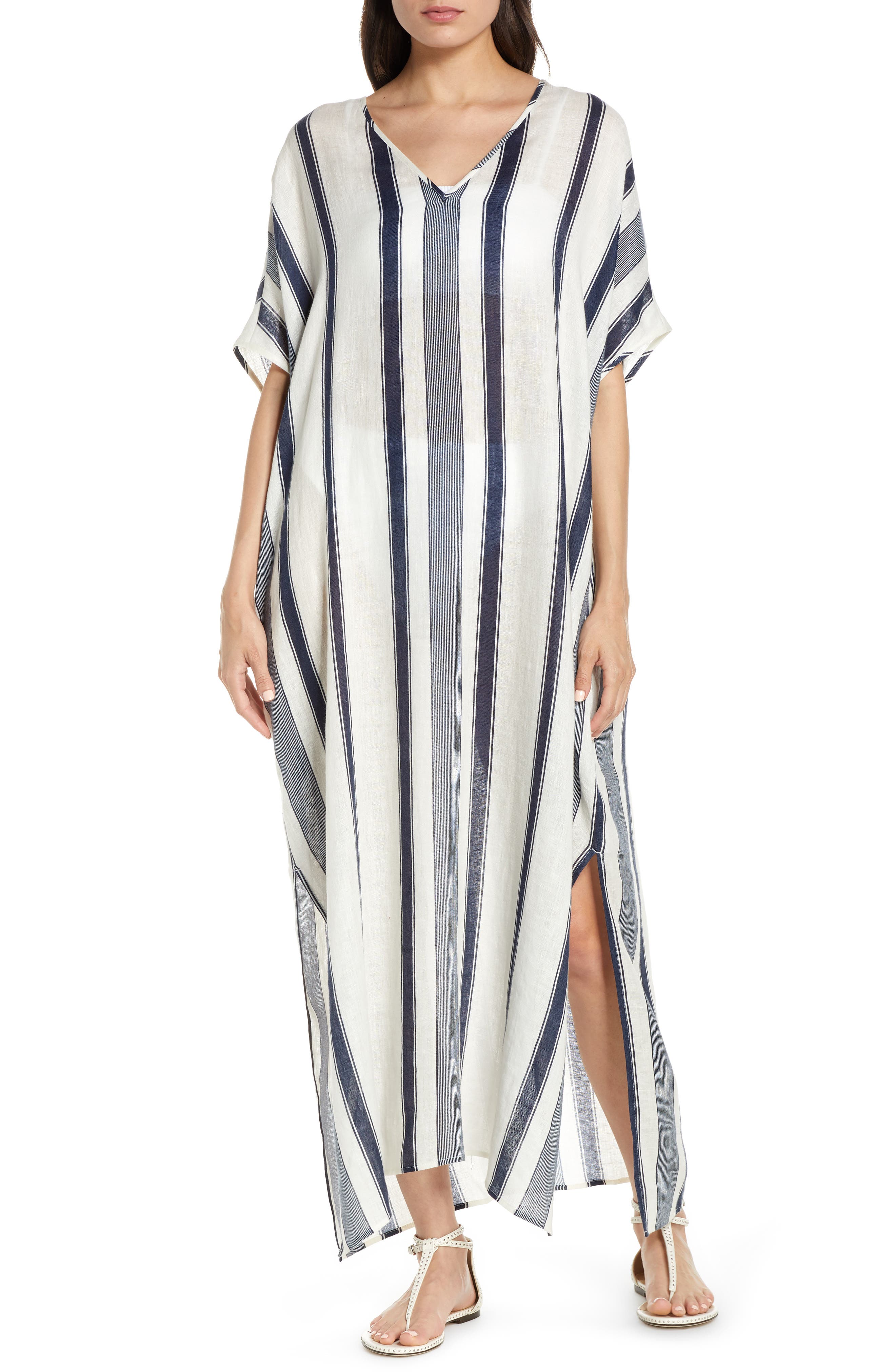 Tory Burch Awning Stripe Cover-Up Caftan Maxi Dress, Ivory