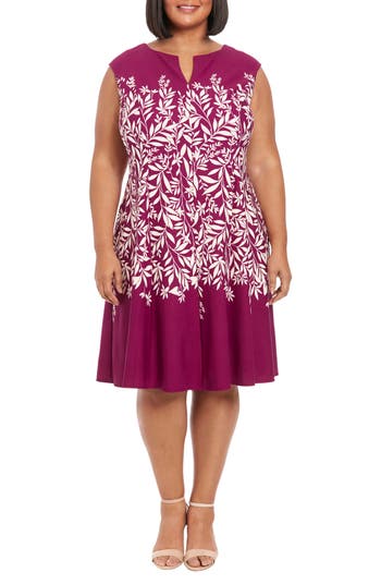London Times Leaf Print Pleated Dress In Wine/cream