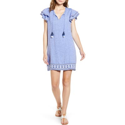 Vineyard Vines Embroidered Flutter Sleeve Shift Dress, Blue